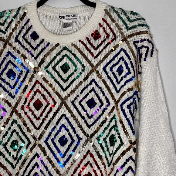 Vintage 1980s Sequins Sweater Princess Collection Rainbow Harlequin Design Sz L - Picture 3 of 16